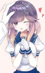 Rule 34 | 1boy, 1girl, admiral (kancolle), blue sailor collar, blue skirt, blush, fathom, gloves, hat, unworn hat, unworn headwear, heart, highres, holding, holding clothes, holding hat, kantai collection, long hair, motion lines, one eye closed, open mouth, puffy short sleeves, puffy sleeves, purple hair, sailor collar, sailor hat, school uniform, serafuku, short sleeves, skirt, smile, solo focus, tsushima (kancolle), upper body, white gloves, white headwear, yellow eyes