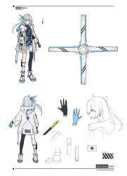 Rule 34 | 1girl, absurdres, acacia (snowbreak), acacia - kaguya (snowbreak), ahoge, alternate costume, alternate design, blue bow, blue gloves, bow, character sheet, closed mouth, clothes writing, earrings, expressionless, full body, fuuma shuriken, gloves, grey hair, hair ornament, highres, jacket, jewelry, knife, leg holster, long hair, power symbol, ribbon, short sword, shuriken, snowbreak: containment zone, solo, sword, tantou, two-tone gloves, user prr0022, weapon, white background, white jacket, yellow eyes