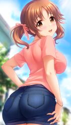 Rule 34 | 1girl, :d, arm at side, ass, blue shorts, blurry, blurry background, blush, breasts, brown eyes, brown hair, cloud, cowboy shot, day, denim, denim shorts, from behind, from below, hair ribbon, hand on own hip, highres, idolmaster, idolmaster cinderella girls, impossible clothes, irori (irorixc), jewelry, large breasts, looking at viewer, looking back, medium hair, necklace, open mouth, outdoors, pink ribbon, pink shirt, pocket, ribbon, shirt, short sleeves, short twintails, shorts, sky, smile, solo, standing, t-shirt, totoki airi, twintails, wristband
