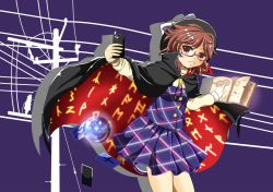 Rule 34 | 1girl, book, brown eyes, brown hair, cape, card, cellphone, clothes writing, conductor, cowboy shot, glasses, hat, looking at viewer, occult ball, open book, phone, pole, power lines, quimbaya airplane, red-framed eyewear, runes, sekibaracheice, selfie, semi-rimless eyewear, shirt, short hair, simple background, skirt, smartphone, sparkle, taking picture, text focus, touhou, under-rim eyewear, usami sumireko, utility pole, vest, zener card