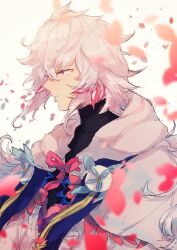 Rule 34 | 1boy, blue flower, closed mouth, ebi (6 5), falling petals, fate/grand order, fate (series), flower, from side, highres, long hair, male focus, merlin (fate), petals, pink eyes, robe, simple background, solo, upper body, white background, white hair, white robe