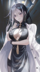 Rule 34 | 1girl, bare shoulders, black dress, black gloves, black hair, blue archive, blush, breasts, china dress, chinese clothes, cleavage, cleavage cutout, clothing cutout, coat, coat on shoulders, crossed bangs, dress, gloves, grey eyes, grey thighhighs, grin, hair between eyes, halo, highres, kai (blue archive), kangshi, large breasts, long hair, looking at viewer, multicolored hair, parted bangs, side slit, sidelocks, smile, solo, split-color hair, tassel, thighhighs, tree print, two-tone hair, white coat, white hair