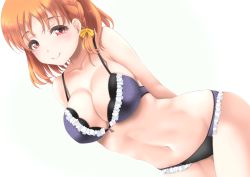 Rule 34 | 1girl, arms behind back, bikini, breasts, brown hair, cleavage, dutch angle, frapowa, groin, large breasts, love live!, love live! sunshine!!, navel, red eyes, short braid, short hair, smile, solo, swimsuit, takami chika, thighs, white background
