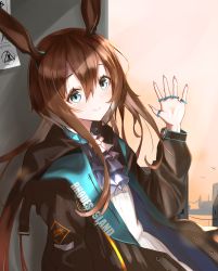 Rule 34 | 1girl, absurdres, amiya (arknights), animal ears, arknights, ascot, black coat, blue ascot, blue eyes, blush, brown hair, closed mouth, clothes writing, coat, commentary, day, eyelashes, flat chest, hair between eyes, highres, jewelry, long hair, looking at viewer, multiple rings, neck ring, open clothes, open coat, rabbit ears, rhodes island logo (arknights), ring, shirt, smile, solo, sunlight, upper body, waving, white shirt, yomare