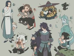 Rule 34 | 6+boys, animal ears, aqua hair, black cat, black footwear, black hair, brown hair, cat, cat boy, cat ears, cat tail, fengxi (the legend of luoxiaohei), grey background, hair over one eye, hand on own hip, horns, long hair, luo xiaohei, luo xiaohei (cat), luo xiaohei (human), luo xiaohei zhanji, luozhu (the legend of luoxiaohei), multiple boys, shoes, short hair, simple background, sirakaro, tail, tianhu (the legend of luoxiaohei), very long hair, white hair, wuxian (the legend of luoxiaohei), xuhuai (the legend of luoxiaohei)