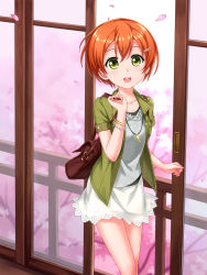 Rule 34 | 10s, 1girl, bag, bracelet, brown hair, cherry blossoms, collarbone, dress, green eyes, highres, hoshizora rin, jacket, jewelry, light brown hair, looking at viewer, love live!, love live! school idol festival, love live! school idol project, open clothes, open jacket, petals, short hair, short sleeves, shoulder bag, smile, solo, tree, tucana, white dress