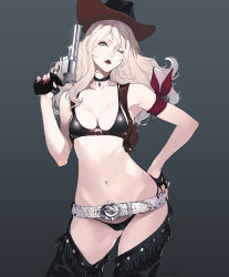 Rule 34 | 1girl, belt, bikini, blonde hair, blue eyes, breasts, chaps, contrapposto, cow girl, cowboy hat, fingerless gloves, gloves, gluteal fold, gun, hand on own hip, handgun, hat, highres, holster, kagetomo midori, lips, lipstick, long hair, looking at viewer, makeup, mole, mole under mouth, navel, one eye closed, original, pale skin, panties, red lips, revolver, solo, standing, swimsuit, underwear, weapon, cowboy western