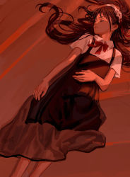 Rule 34 | 1girl, black dress, bow, bowtie, brown hair, closed mouth, collared shirt, dress, fkey, hair spread out, highres, long hair, lying, on back, original, pinafore dress, red bow, red bowtie, shirt, short sleeves, signature, sleeping, sleeveless dress, solo, white shirt, wing collar
