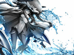 Rule 34 | 1girl, abyssal ship, black cape, black hair, blue eyes, cape, colored skin, gloves, glowing, glowing eyes, grey skin, hat, headgear, kantai collection, long hair, manjyufroth, navel, pale skin, silver hair, solo, standing, tentacles, water, white background, wo-class aircraft carrier