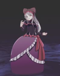 Rule 34 | 1girl, aruman, blush, bonnet, breasts, closed mouth, dress, fang, female focus, fingernails, frilled dress, frills, full body, grey hair, hands up, happy, highres, light blush, long hair, long sleeves, looking down, overlord (maruyama), purple background, purple dress, red eyes, sash, shalltear bloodfallen, small breasts, smile, solo, standing