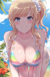 Rule 34 | 14sai bishoujo (shoutarou), 1girl, all fours, bare arms, bare shoulders, beach, bikini, blonde hair, blue eyes, blush, breasts, cleavage, closed mouth, collarbone, commentary request, cowboy shot, day, flower, foreshortening, front-tie bikini top, front-tie top, hair ornament, hair scrunchie, halterneck, hanging breasts, idolmaster, idolmaster cinderella girls, large breasts, long hair, looking at viewer, multicolored bikini, multicolored clothes, o-ring, o-ring bikini, ocean, ohtsuki yui, outdoors, red flower, scrunchie, side-tie bikini bottom, side ponytail, sidelocks, smile, solo, string bikini, striped bikini, striped clothes, swept bangs, swimsuit, thigh gap, water, white flower, white scrunchie