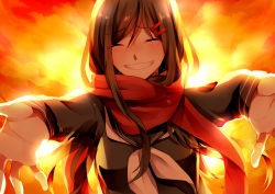 Rule 34 | 1girl, absurdres, crying, enpera, closed eyes, grin, hair ornament, hairclip, highres, kagerou project, long hair, natsumura amata, outstretched arms, red scarf, scarf, school uniform, serafuku, smile, solo, tateyama ayano, tears