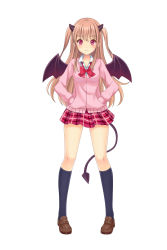 Rule 34 | 1girl, artist request, black socks, blouse, bow, bowtie, character request, collared shirt, copyright request, demon girl, demon horns, demon tail, demon wings, full body, highres, horns, kneehighs, legs apart, light brown hair, loafers, long hair, long sleeves, looking at viewer, mini wings, miniskirt, pleated skirt, pocket, red bow, red bowtie, red eyes, shirt, shoes, simple background, skirt, smile, socks, solo, tail, two side up, white background, white shirt, wings