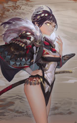 Rule 34 | 1girl, ahoge, armor, black hair, breasts, china dress, chinese clothes, cleavage, covered navel, cowboy shot, dress, eyelashes, closed eyes, flower, geolim, hair flower, hair ornament, hand on own hip, highres, japanese armor, katana, kote, large breasts, laurels, legs together, leotard, loincloth, long sleeves, original, pelvic curtain, scabbard, sheath, sheathed, short hair, shoulder armor, smile, sode, solo, sword, tassel, weapon, wide sleeves, wreath, yellow eyes