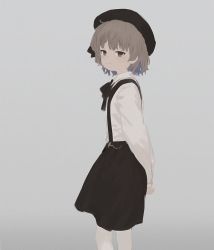 Rule 34 | 1girl, arms behind back, beret, black hat, black ribbon, black skirt, closed mouth, collared shirt, from side, grey background, grey eyes, grey hair, hat, hatoba tsugu, long sleeves, looking at viewer, looking to the side, mole, mole under eye, neck ribbon, pantyhose, ribbon, shirt, simple background, skirt, solo, standing, suspender skirt, suspenders, virtual youtuber, wasabi60, white shirt, wing collar