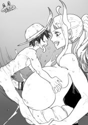 Rule 34 | 1boy, 1girl, breasts, breasts out, gutaigutai, hetero, highres, inverted nipples, large breasts, looking at another, looking at penis, moaning, monkey d. luffy, monochrome, nipples, nude, one piece, paizuri, penis, ponytail, size difference, smile, sweat, yamato (one piece)