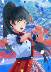 Rule 34 | 1girl, :d, bare shoulders, belt, black belt, black hair, black headwear, blurry, blurry background, collared shirt, commentary, confetti, dated, day, english commentary, hazuki ren, high ponytail, highres, hinata2325, houndstooth, index finger raised, light blush, long hair, looking at viewer, love live!, love live! superstar!!, mixed-language commentary, open mouth, own hands together, puffy short sleeves, puffy sleeves, red skirt, shirt, short sleeves, sideways glance, signature, skirt, smile, solo, stadium, start!! true dreams (love live!), tareme, tilted headwear, two-tone skirt, white shirt, yellow eyes
