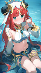 Rule 34 | 1girl, aqua eyes, arm support, blue skirt, blush, breasts, commentary request, crop top, fake horns, genshin impact, highres, horns, long hair, long sleeves, looking at viewer, medium breasts, midriff, navel, nilou (genshin impact), nokke o, parted lips, red hair, sitting, skirt, solo, stomach, thighlet, thighs, veil, very long hair, water