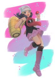 Rule 34 | 1girl, :d, bag, black hair, boots, bracelet, commentary request, creatures (company), dawn (pokemon), duffel bag, eyelashes, floating scarf, full body, game freak, grey eyes, hair ornament, hairclip, highres, holding, holding poke ball, jewelry, kokuro (kosyari), long hair, looking at viewer, nintendo, open mouth, over-kneehighs, pink footwear, poke ball, poke ball (basic), pokemon, pokemon dppt, red scarf, scarf, shirt, sidelocks, skirt, sleeveless, sleeveless shirt, smile, solo, thighhighs, yellow bag