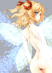 Rule 34 | 1girl, ass, back, blonde hair, blue eyes, bow, fairy, female focus, from behind, hair bow, kuronuko neero, looking back, nude, pointy ears, solo, sunny milk, touhou, twintails, wings