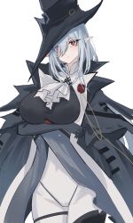 Rule 34 | 1girl, absurdres, arknights, arm under breasts, ascot, black coat, black gloves, black hat, blush, breasts, closed mouth, coat, covered navel, cowboy shot, elbow gloves, gladiia (arknights), gloves, grey hair, hat, high-waist pants, highres, large breasts, long hair, looking at viewer, open clothes, open coat, pants, pointy ears, red eyes, shino duka, simple background, solo, very long hair, white ascot, white background, white pants