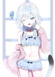 Rule 34 | ahoge, animal ears, blue eyes, blue hair, blue nails, blue shirt, blue shorts, braid, cat ears, cat girl, cat tail, commentary, copyright request, crop top, hair between eyes, hand on own face, hand up, highres, jewelry, long hair, midriff, nail polish, navel, off shoulder, one eye closed, pendant, pink robe, robe, shirt, short shorts, shorts, solo, squiggle, tail, yawning, yurara (aroma42enola)