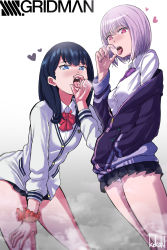 Rule 34 | 10s, 2girls, absurdres, bad id, bad pixiv id, bent over, blouse, blush, breasts, collared shirt, copyright name, fellatio gesture, gridman universe, hand on own thigh, heart, heart-shaped pupils, highres, ice keki, looking at viewer, microskirt, miniskirt, multiple girls, naughty face, open mouth, oral invitation, panties, pantyshot, school uniform, scrunchie, shinjou akane, shirt, skirt, ssss.gridman, standing, steam, sweater, symbol-shaped pupils, takarada rikka, taut clothes, taut shirt, thighs, tongue, tongue out, underwear, white shirt, white sweater, wrist scrunchie