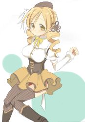 Rule 34 | 10s, 1girl, bad id, bad pixiv id, beret, blonde hair, boots, breasts, corset, detached sleeves, drill hair, fingerless gloves, gloves, hair ornament, hat, magical girl, mahou shoujo madoka magica, mahou shoujo madoka magica (anime), patterned legwear, puffy sleeves, ribbon, s ko, solo, striped clothes, striped thighhighs, thighhighs, tomoe mami, vertical-striped clothes, vertical-striped thighhighs, yellow eyes
