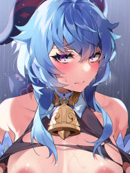 Rule 34 | 1girl, bare shoulders, bechu, bell, blue eyes, blush, bodysuit, bow, breasts, breasts outside, closed mouth, collarbone, cowbell, detached sleeves, ganyu (genshin impact), genshin impact, hair bow, half-closed eyes, highres, horns, long sleeves, looking at viewer, nipples, purple eyes, rain, solo, torn bodysuit, torn clothes, upper body, wet