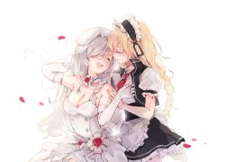 Rule 34 | 2girls, apron, bare shoulders, blonde hair, braid, breasts, bridal veil, bride, choker, cleavage, closed eyes, dress, elbow gloves, g36 (girls&#039; frontline), g36c (girls&#039; frontline), g36c (you who steps up) (girls&#039; frontline), girls&#039; frontline, gloves, hair over one eye, hat, imoko (imonatsuki), large breasts, long hair, maid apron, maid headdress, multiple girls, necktie, official alternate costume, open mouth, petals, red neckwear, rose petals, side braid, silver hair, simple background, smile, strapless, strapless dress, tears, veil, very long hair, waist apron, wedding dress, white apron, white background, white dress, white gloves, yuri
