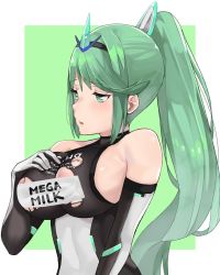 Rule 34 | 1girl, armor, bare shoulders, breasts, commentary request, duplicate, elbow gloves, gem, gloves, green background, green eyes, green hair, hair ornament, headpiece, j@ck, jewelry, large breasts, long hair, matching hair/eyes, nintendo, nipple slip, nipples, open mouth, pneuma (xenoblade), ponytail, simple background, solo, spoilers, swept bangs, tiara, upper body, very long hair, white background, xenoblade chronicles (series), xenoblade chronicles 2