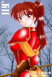 Rule 34 | 1girl, armor, belt, character name, copyright name, female focus, fire emblem, fire emblem: path of radiance, fire emblem: radiant dawn, gloves, hissaa (starlight express), jill (fire emblem), long hair, nintendo, polearm, ponytail, red armor, red eyes, red hair, solo, spear, weapon, wyvern rider