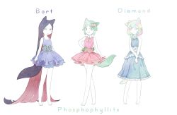 Rule 34 | 3others, :3, :|, absurdly long hair, androgynous, animal ears, arms at sides, bare arms, bare legs, bare shoulders, barefoot, black hair, blue dress, bob cut, bort, character name, closed mouth, colored inner hair, diamond (houseki no kuni), dog ears, dog tail, dress, flower, full body, furry, green eyes, green hair, hair flower, hair ornament, hand on own hip, highres, holding own arm, houseki no kuni, kemonomimi mode, crossed legs, long hair, multicolored hair, multiple others, mydeerwitch, phosphophyllite, pink dress, rainbow hair, red hair, sash, simple background, sleeveless, sleeveless dress, smile, smug, standing, tail, very long hair, white background