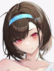 Rule 34 | 1girl, absurdres, ahoge, armpit crease, azur lane, blue hairband, blunt bangs, blush, brown hair, closed mouth, collarbone, commentary, hair between eyes, hairband, head tilt, highres, huge filesize, independence (azur lane), independence (liberty and leisure) (azur lane), kabi (zcwd8845), long hair, looking at viewer, low ponytail, off shoulder, official alternate costume, portrait, red eyes, shirt, sidelocks, simple background, single bare shoulder, smile, solo, very long hair, white background, white shirt