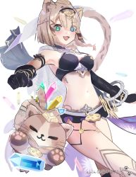 Rule 34 | :d, animal ear fluff, animal ears, arin (1010 ssu), bare shoulders, bikini, black bikini, black gloves, black sleeves, blue eyes, breasts, brown hair, can (honkai impact), cape, commentary request, crystal, detached sleeves, fang, feet out of frame, gloves, green eyes, hair over one eye, heterochromia, highres, honkai (series), honkai impact 3rd, looking at viewer, medium breasts, navel, open mouth, pardofelis (honkai impact), simple background, single detached sleeve, smile, swimsuit, tail, twitter username, v-shaped eyebrows, white background, white cape
