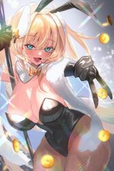 Rule 34 | 1girl, animal ears, arms up, black leotard, black pantyhose, blonde hair, bow, bowtie, breasts, cleavage, coin, detached collar, fake animal ears, fang, goddess of victory: nikke, green eyes, hair between eyes, highres, kojijima, large breasts, leotard, long hair, official alternate costume, open mouth, pantyhose, playboy bunny, pole, rabbit ears, rupee (nikke), rupee (rabbit deluxe) (nikke), skin fang, solo, strapless, strapless leotard, stripper pole, teeth, thick thighs, thighs, tongue, tongue out, very long hair, yellow bow, yellow bowtie