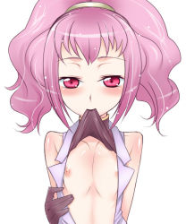 Rule 34 | 00s, 1girl, anya alstreim, bad id, bad pixiv id, blush, breasts, clothes in mouth, clothes lift, code geass, flat chest, gloves, kanya pyi, mouth hold, nipples, no bra, open clothes, open shirt, petite, pink eyes, pink hair, shirt, shirt in mouth, shirt lift, solo
