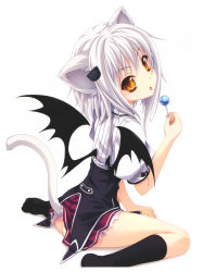 Rule 34 | 10s, 1girl, absurdres, animal ears, ass, bat wings, candy, cat ears, cat hair ornament, cat tail, food, hair ornament, high school dxd, highres, lollipop, looking at viewer, miyama-zero, no shoes, official art, saliva, saliva trail, school uniform, short hair, silver hair, simple background, sitting, socks, solo, tail, toujou koneko, white background, wings, yellow eyes