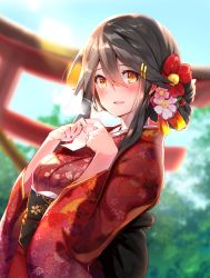 Rule 34 | 1girl, alternate costume, blurry, blush, breasts, commentary request, day, floral print, flower, grey hair, hair between eyes, hair flower, hair ornament, hairband, hairclip, haruna (kancolle), highres, japanese clothes, jewelry, kantai collection, kimono, large breasts, long hair, long sleeves, looking at viewer, new year, obi, omikuji, open mouth, orange eyes, outdoors, red kimono, ring, sash, smile, solo, torii, tsukui kachou, upper body, wedding band, wide sleeves, yukata