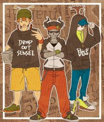 Rule 34 | 10s, 3boys, baseball cap, beanie, boombox, brown eyes, brown hair, casual, colored skin, crossed arms, dated, grey skin, grin, hat, headphones, headphones around neck, hood, hoodie, kabutomoaki (show by rock!!), kuwagatatsuya (show by rock!!), male focus, multiple boys, orange hair, shikido (khf), shoes, shorts, show by rock!!, smile, sneakers, solid circle eyes, sunglasses, tentomutsumi (show by rock!!), wristband