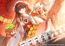 Rule 34 | 1boy, 1other, 2girls, absurdres, brown hair, chibi, chinese knot, exorcist miya, guardian tales, hand on own chin, highres, japanese clothes, kimono, long hair, long sleeves, mahjong, maid headdress, multiple girls, nontraditional miko, official art, oil-paper umbrella, red sash, red umbrella, sash, sitting, smile, solo focus, umbrella, wata (attaka towel), yellow eyes, yellow kimono