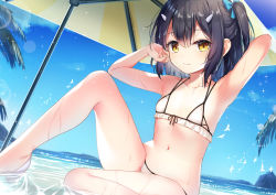 Rule 34 | 1girl, armpits, arms up, bare arms, bare shoulders, beach, beach umbrella, bikini, black hair, blue sky, closed mouth, collarbone, commentary request, day, fate/kaleid liner prisma illya, fate (series), flat chest, frilled bikini, frills, front-tie bikini top, front-tie top, knee up, long hair, looking at viewer, micro bikini, miyu edelfelt, multi-strapped bikini, navel, one side up, outdoors, revision, sitting, sky, solo, stomach, string bikini, swimsuit, thighs, umbrella, water, wet, white bikini, yan (nicknikg), yellow eyes