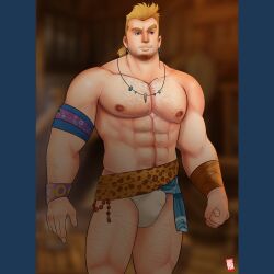 Rule 34 | 1boy, abs, absurdres, arm hair, bara, beard stubble, blonde hair, briefs, bulge, chest hair, chinstrap beard, doctor anfelo, earrings, erection, erection under clothes, facial hair, feet out of frame, final fantasy, final fantasy vi, hairy, highres, jewelry, large pectorals, leg hair, long sideburns, male focus, male underwear, mature male, muscular, muscular male, navel, navel hair, necklace, nipples, paid reward available, pectorals, raised eyebrow, sabin rene figaro, short hair, short ponytail, sideburns, sideburns stubble, solo, standing, stomach, strongman waist, stubble, thick eyebrows, thighs, tooth necklace, topless male, underwear