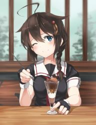 Rule 34 | 10s, 1girl, ahoge, black gloves, black serafuku, blue eyes, blurry, blurry background, blush, braid, breasts, brown hair, closed mouth, commentary request, dot nose, fingerless gloves, food, glass, gloves, hair ornament, hair ribbon, hand on table, head tilt, holding, holding spoon, ice cream, kantai collection, looking at viewer, medium breasts, necktie, one eye closed, parfait, pov across table, red necktie, red ribbon, ribbon, sailor collar, school uniform, serafuku, shigure (kancolle), short sleeves, sitting, smile, solo, spoon, table, tress ribbon, tsukira (amayadori)