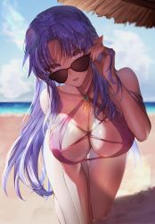 Rule 34 | 1girl, absurdres, adjusting eyewear, all fours, beach, blue eyes, blue hair, blurry, blurry background, braid, breasts, brooch, cleavage, commission, day, fate/grand order, fate/stay night, fate (series), highres, horizon, jewelry, kokollet, large breasts, lipstick, long hair, looking at viewer, looking over eyewear, makeup, medea (fate), ocean, parted lips, pointy ears, second-party source, skeb commission, solo, sunglasses, sweat, swimsuit