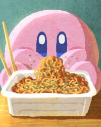 Rule 34 | chopsticks, eating, food, food focus, food on face, green background, highres, kirby, kirby (series), miclot, nintendo, no humans, noodles, table