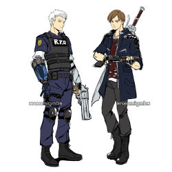 Rule 34 | 2boys, blonde hair, blue eyes, brown hair, capcom, claws, company connection, cosplay, costume switch, crossover, devil may cry (series), devil may cry 5, fingerless gloves, full body, gloves, gun, handgun, highres, jacket, leon s. kennedy, male focus, multiple boys, naomi gumbs (hanamimi), nero (devil may cry), police, police uniform, resident evil, resident evil 2, short hair, sword, uniform, weapon, white hair