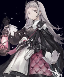 Rule 34 | 1girl, arknights, black background, black gloves, blush, bullet, closed mouth, dress, earrings, facial mark, fire, fire, fuwawa (fuwawa617), gloves, grey eyes, grey hair, gun, handgun, highres, holding, holding lantern, holding sword, holding weapon, holster, holstered, irene (arknights), jewelry, lantern, long hair, patterned, patterned clothing, scar, scar across eye, simple background, solo, sword, weapon