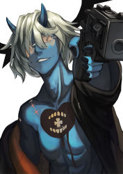 Rule 34 | 1boy, abs, ahoge, bare shoulders, black halo, black jacket, black nails, blue skin, closed mouth, colored skin, spiked halo, dark halo, evil smile, fingernails, glasses, grey hair, guilty gear, guilty gear strive, gun, hair between eyes, halo, happy chaos, heart, hinoru saikusa, holding, holding gun, holding weapon, horns, jacket, male focus, nail polish, orange-tinted eyewear, pointing, pointing at viewer, simple background, single bare shoulder, smile, solo, teeth, tinted eyewear, toned, toned male, weapon, white background, x-shaped eyewear