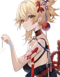 Rule 34 | 1girl, arm tattoo, bandaged wrist, bandages, bell, blonde hair, breasts, choker, commentary request, earrings, firecrackers, fireworks, genshin impact, hair between eyes, hair ornament, highres, holding, holding fireworks, japanese clothes, jewelry, long hair, looking at viewer, medium breasts, ponytail, raiya atelier, rope, simple background, smile, solo, stud earrings, tattoo, upper body, white background, yellow eyes, yoimiya (genshin impact)